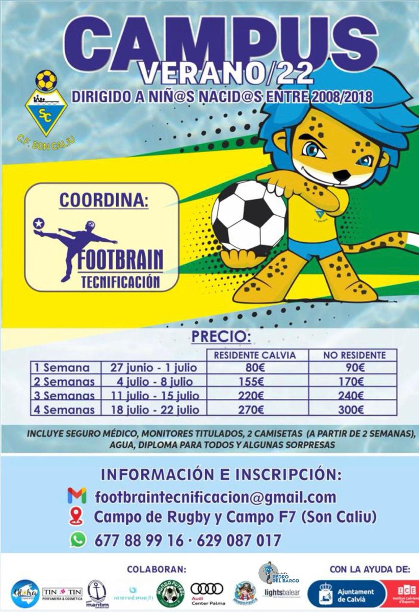 🚨No te pierdas el Campus de Fútbol del Son Caliu Verano 22🇺🇦. Niños de 2008 a 2018, 🗓 del 27 de junio al 22 de julio.
🔵 Coordina Footbrain Tecnificación.
🔵  2 camisetas a partir de 2 semanas
🔵 Seguro Médico
🔵 Diplomas para todos y sorpresas
🔵 Precio especial residentes…