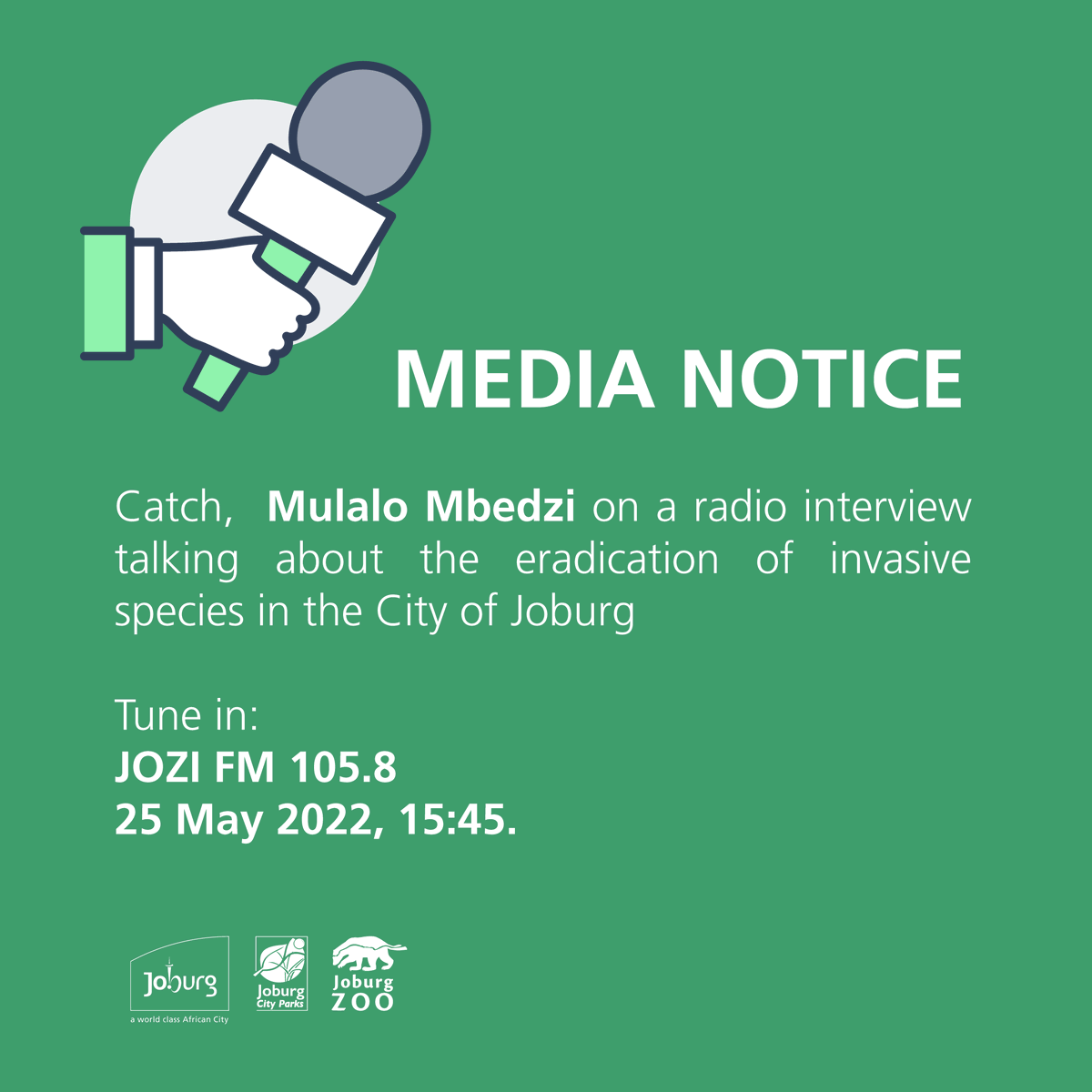 JoburgParksZoo's tweet photo. Tune into @jozifm to listen to JCPZ's Mulalo Mbedzi. He will be talking about alien invasive species and what JCPZ is doing to eradicate this dangerous vegetation.
#Alieninvasive #JCPZServices https://t.co/j3W43riBoT