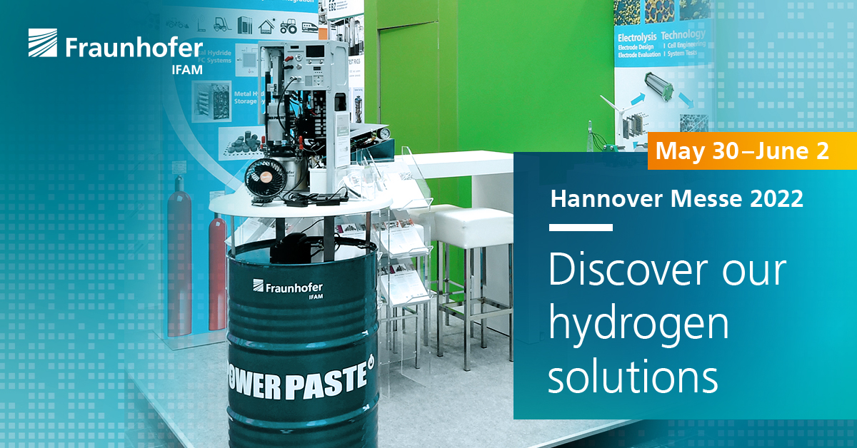 FraunhoferIFAM's tweet photo. Visit us @hannover_messe (May 30 – June 2)! https://t.co/rWDKae77Qr @FraunhoferIFAM will be part of Hydrogen+Fuel Cells Europe (hall 13/A68) focusing on #HydrogenTechnology, esp. #alkaline #electrolysis, thermal compression, #hydride storage & #POWERPASTE. https://t.co/yt8peixsKC https://t.co/FQwl2UDi3f