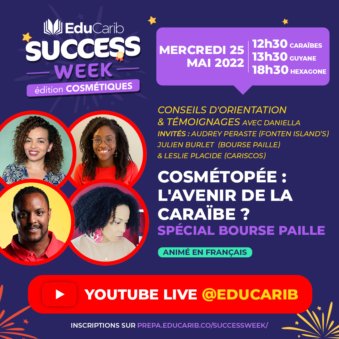 Educarib's tweet photo. Notre #live sur la #Cosmétopée avec Leslie Placide de #Cariscos & Audrey Peraste
& Julien Burlet de @LaBoursePaille c'est tout à l'heure et à suivre directement ici 👇🏾: https://t.co/mR4UX2PEUw
#Educarib #SuccessWeek #Cosmetics #Lycéens #Etudiants #Students #GreaterCaribbean https://t.co/vQ5eH7tVfM