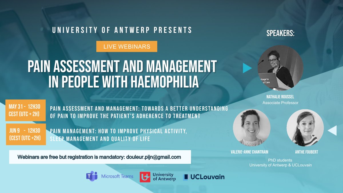 PaininMotion's tweet photo. Want to learn more on pain assessment and management in haemophilia? Check out these free webinars! Registration is mandatory: douleur.pijn@gmail.com https://t.co/DBUEgelQzV
