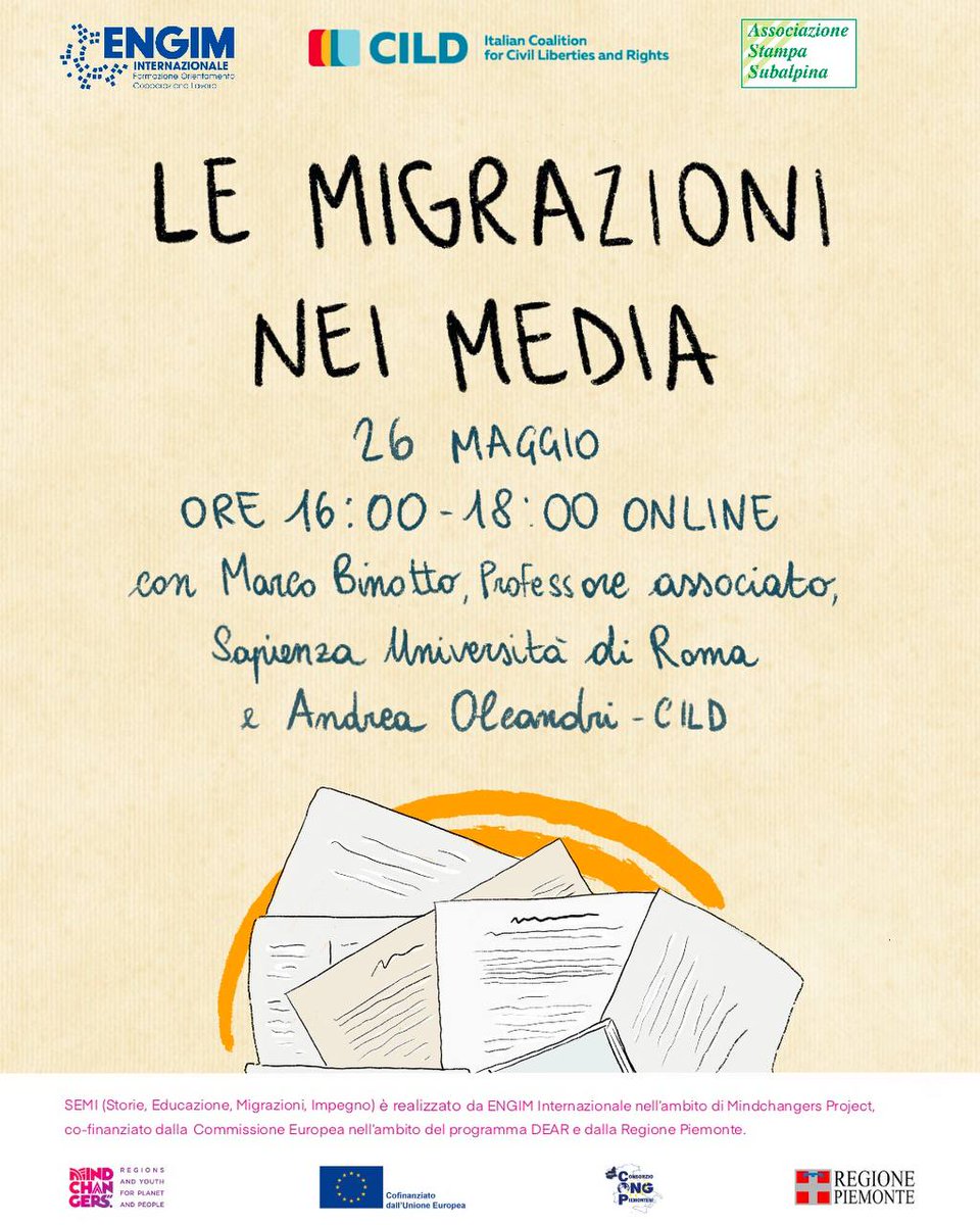 Le migrazioni nei media, con <a href="/marcobinotto/">marcobinotto</a> e <a href="/AndreaOleandri/">Andrea Oleandri</a>. Vi aspettiamo! 
 
💡 Iscrizioni bit.ly/3F6rhdb  
 
<a href="/Lorenzo_Bagnoli/">Lorenzo Bagnoli</a> <a href="/andymenapace/">Andrea Menapace</a> <a href="/AndreadeGeorgio/">Andrea de Georgio</a> <a href="/cattani_michele/">Michele Cattani</a>
<a href="/Cild2014/">CILD</a> <a href="/StampaSubalpina/">Stampa Subalpina</a>

#mindchangers #mindchangersproject #EUDEARProgramme #progettosemi