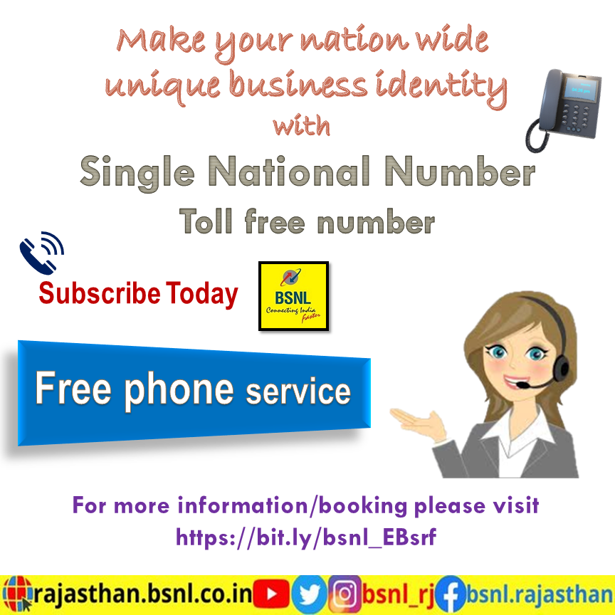 BSNL_RAJASTHAN (@bsnl_rj) on Twitter photo Your #business unique identity ....
#BSNL #FreePhoneService (Toll Free Number)
For information/booking please visit bit.ly/bsnl_EBsrf
#Entertainment #businessgrowth #startups
#azaadikaamritmahotsav #AatmanirbharBharat
<a href="/BSNLCorporate/">BSNL India</a> <a href="/AmritMahotsav/">Amrit Mahotsav</a> Your #business unique identity ....
#BSNL #FreePhoneService (Toll Free Number)
For information/booking please visit bit.ly/bsnl_EBsrf
#Entertainment #businessgrowth #startups
#azaadikaamritmahotsav #AatmanirbharBharat
<a href="/BSNLCorporate/">BSNL India</a> <a href="/AmritMahotsav/">Amrit Mahotsav</a>
