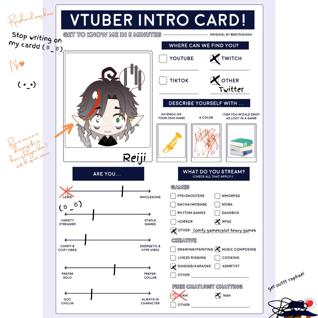ReijiVtuber's tweet photo. "... a very chaotic intro card thanks to Raphael. But anyways, here's me I suppose. ( ノ・・)ノ" #pngtuber #Vtubers #VTuberUprising #introcard Original by @/setsudasai https://t.co/uRCUFNrUhs