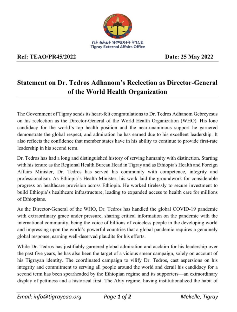 KassaHMariam's tweet photo. Government of Tigray statement on Dr. Tedros Adhanom’s reelection as Director-General of the World Health Organization @WHO @DrTedros https://t.co/5j9KvldTKy