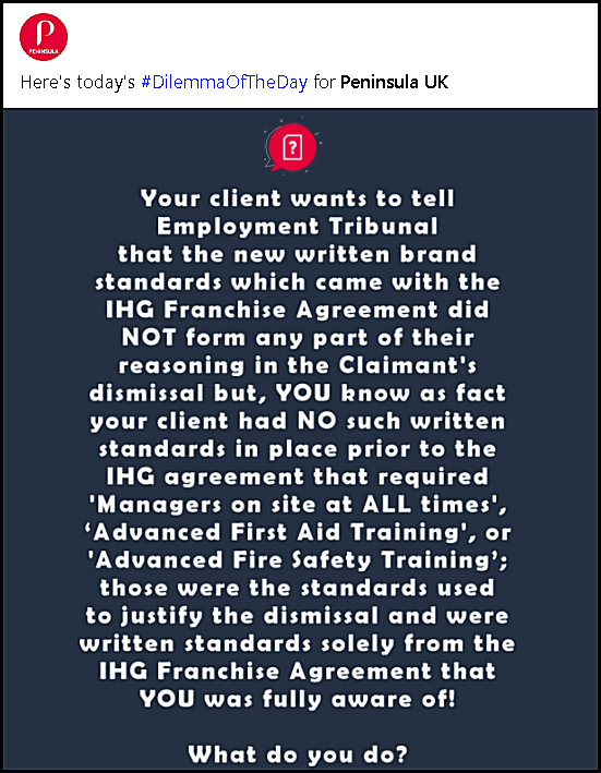 Luchta3's tweet photo. Our last dilemma for the time being. Will @peninsula_uk make it 17 for 17? Find out at midday!! #EmploymentTribunal #EmploymentLaw #ukemplaw @ForbesBizCncl #emplaw @sra_solicitors #personneltoday #HR @Peter__Done @Kate1Palmer #hrreview https://t.co/m9Xk6POhE8