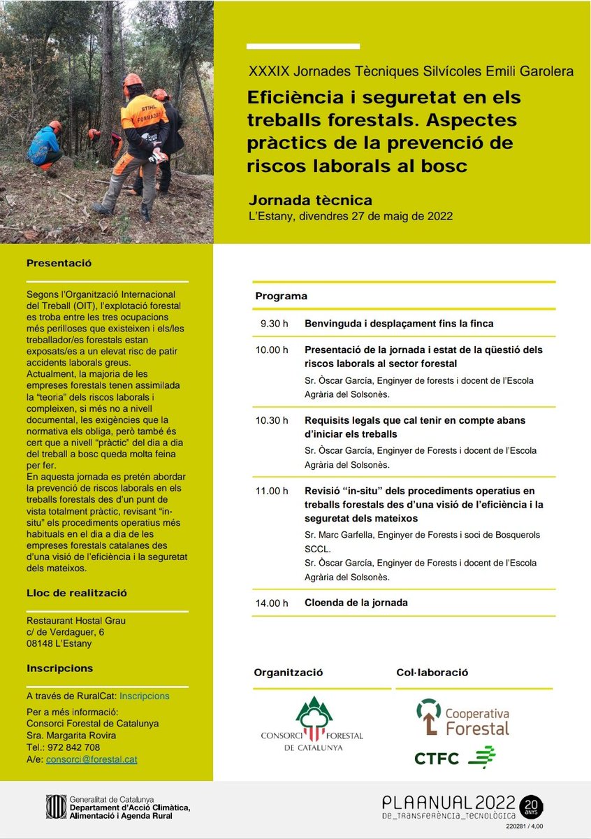 easolsones's tweet photo. Sabies que de mitjana cada any hi ha 9 accidents mortal i 45 de greus al sector #forestal a nivell estatal?
Aquest divendres estarem a l'Estany parlant de eficiència i seguretat en els treballs forestals https://t.co/qXCbQ562Rz