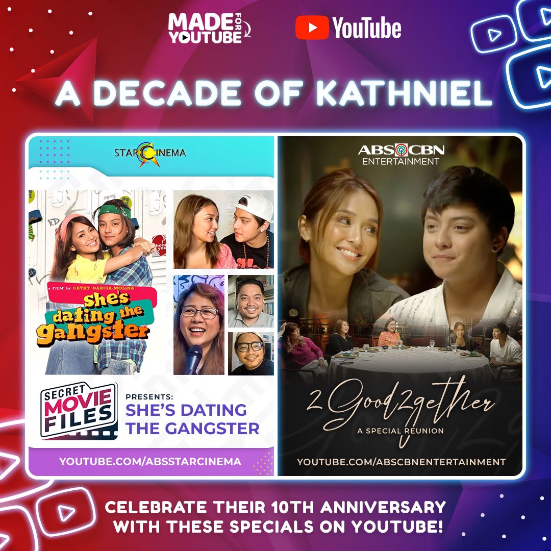 starmagicphils's tweet photo. HAPPY 10th ANNIVERSARY, #KathNiel!

Watch #SecretMovieFiles: She’s Dating the Gangster and #2Good2gether on YouTube with fellow KathNiels to celebrate #KathNielADecadeOfLove! https://t.co/ZzyLcbeoRG