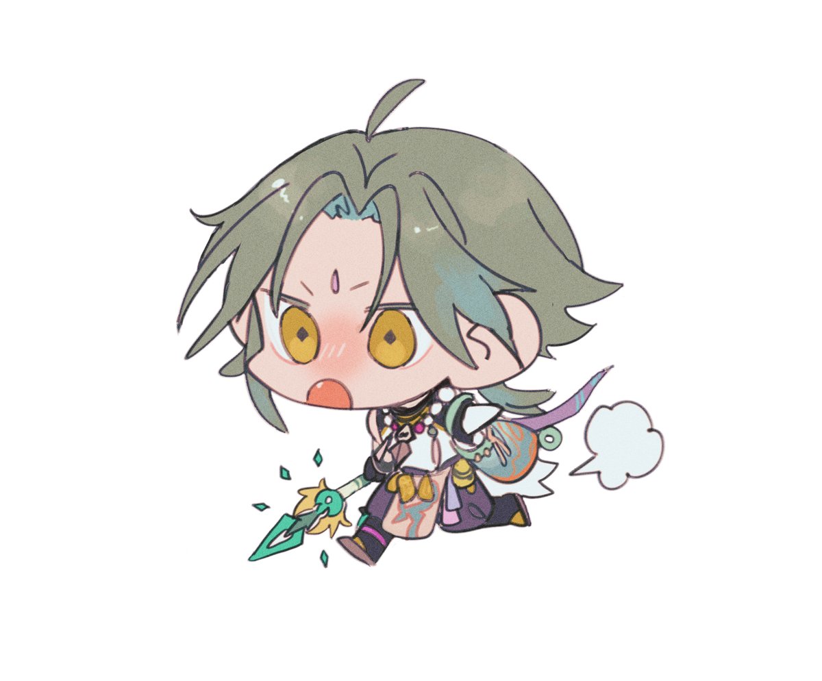 xiao (genshin impact) 1boy chibi male focus weapon solo simple background forehead mark  illustration images