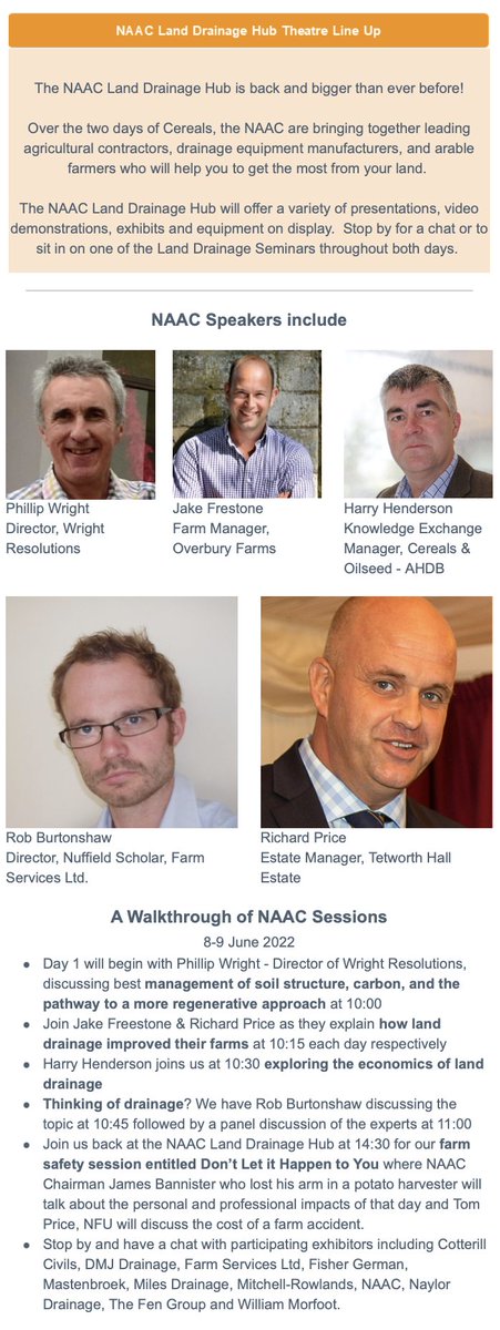 MastenbroekLtd's tweet photo. Land drainage is the building block of productive farming and @TheNaac Land Drainage Hub at @CerealsEvent features a packed programme of presentations from industry experts. Find out more here: https://t.co/Do80AoQDWY

#cereals2022 #cereals #farming #landdrainage #drainage https://t.co/6PR6GNN0DT