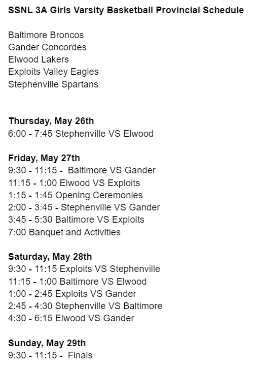 SSNL 3A Girls Varsity Basketball Provincial Schedule
