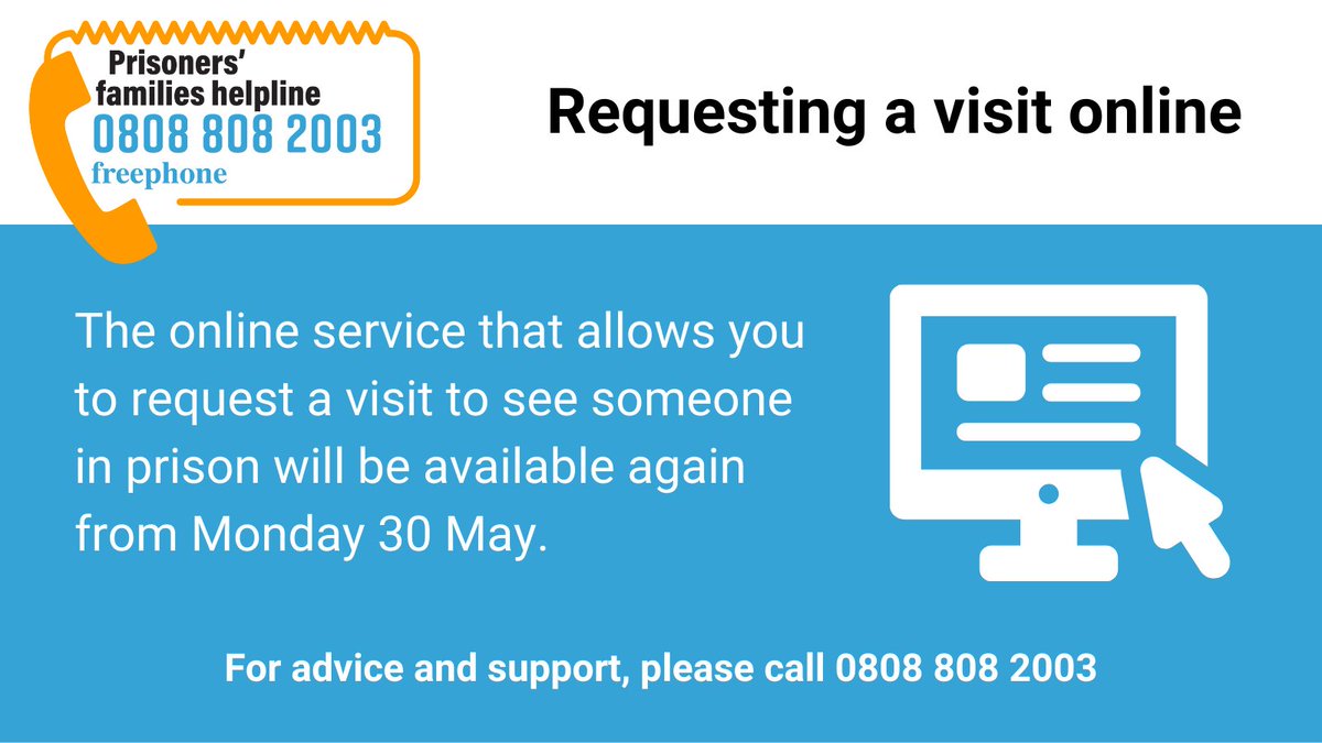 PFHelpline's tweet image. From Monday 30 May, you will be able to request a visit online and choose up to 3 time slots for the visit. Read more: prisonersfamilies.org/online-visits-…