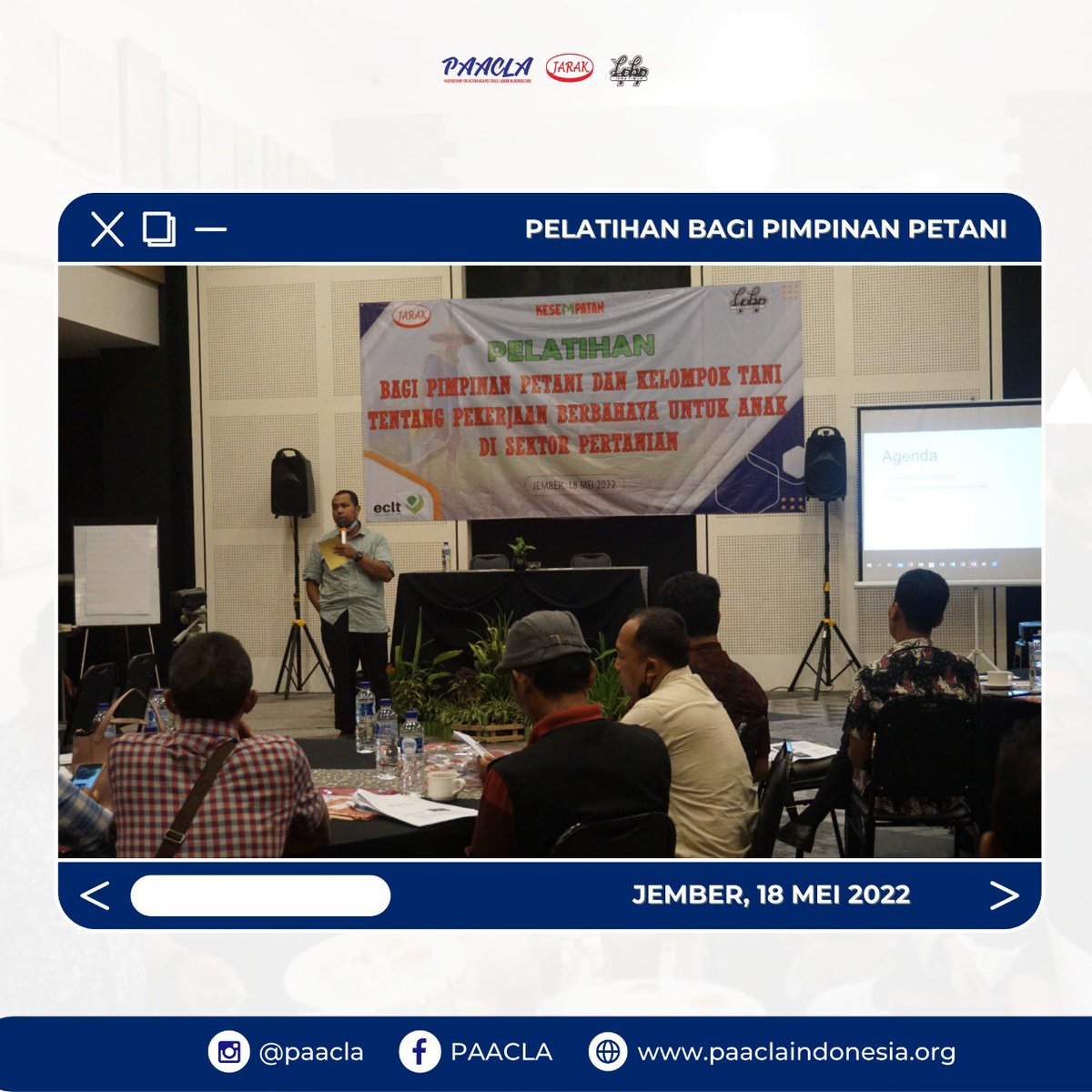 [Pelatihan Bagi Pimpinan Petani dan Kelompok Tani Tentang Pekerjaan Berbahaya Untuk Anak di Sektor Pertanian]

Sebanyak 32 petani dari berbagai daerah di Jember dan Probolinggo, hadir untuk mengikuti pelatihan yang diselenggarakan pada 18 Mei 2022.
#BersamaPAACLA #StopPekerjaAnak