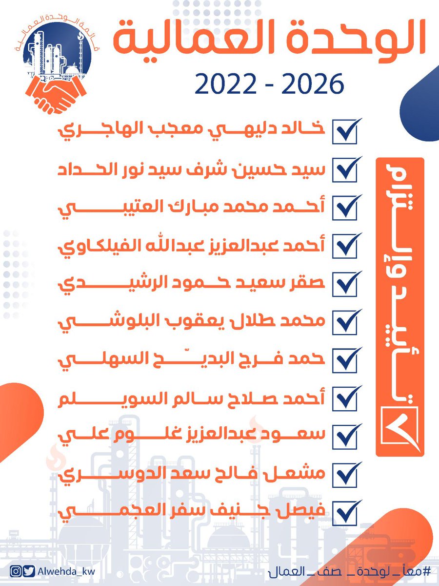 alwehda_kw's tweet photo. الأخوة الزملاء والزميلات أعضاء الجمعية العمومية للعاملين في #القطاع_النفطي_الخاص

مرشحين قائمتكم #الوحدة_العمالية 

تغلق صناديق الاقتراع الساعة ٨ مساء https://t.co/SfJfu21ZMx