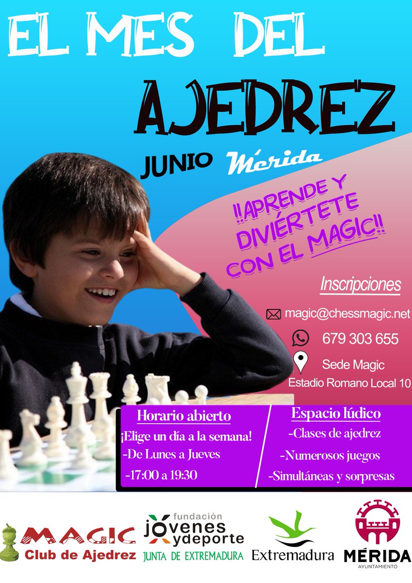 🔴1⃣Primer día de inscripciones abiertas para El mes del ajedrez que se llevará a cabo en junio en nuestra sede (local 10 / Estadio Romano de Mérida)
♟️Nuestro objetivo es que los jóvenes que participen, se diviertan y aprendan
😎Amigos del <a href="/ayto_merida/">Ayuntamiento de Mérida</a> ¿Nos ayudáis a difundirlo?