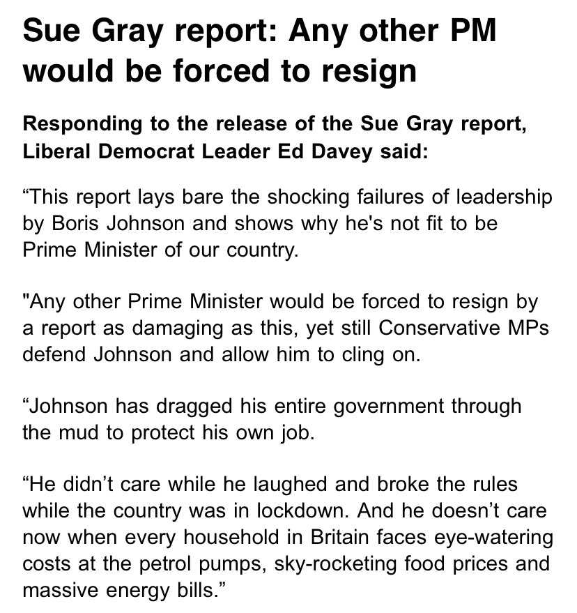 LibDemMedia's tweet photo. “This report lays bare the shocking failures of leadership by Boris Johnson and shows why he's not fit to be Prime Minister of our country.” @EdwardJDavey https://t.co/bShlTKw3MK