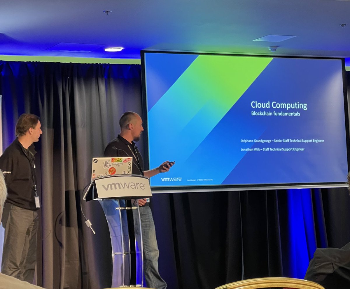 VMwareIreland's tweet photo. Jonathan Wilk &amp; Stephane Grandgeorge now onstage presenting on Blockchain #vtechsummit22 https://t.co/BpJK9kC8cI