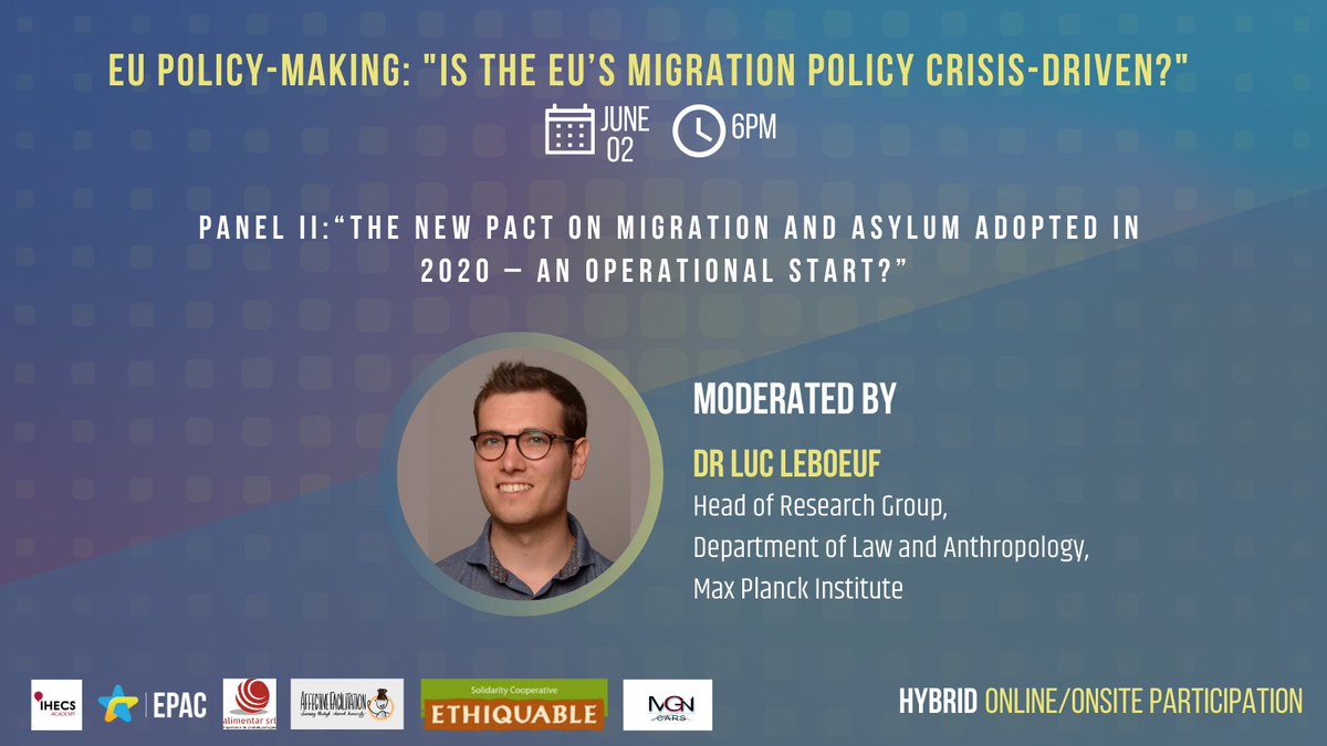Don’t miss it‼️
📢Dr Luc Leboeuf, Head of Research Group from Max Planck Institute, is moderating the panel on  “The New Pact on Migration and Asylum adopted in 2020- an operational start?
2nd June, ⏰18:00 CET.
➡️Register here: bit.ly/3lBfjj7
#WithRefugees
