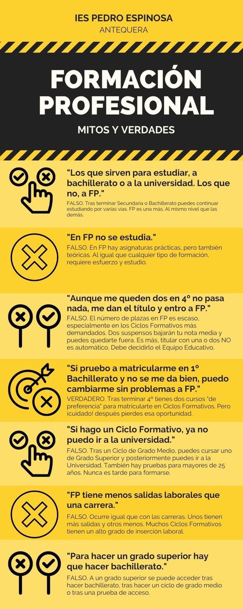 i_pedroespinosa's tweet photo. ¿Estás planteándote estudiar un Ciclo Formativo? Son muchos los mitos que circulan en torno a estas enseñanzas. ¿Nos ayudas a desmentirlos?

#YoSoyDeFP #FPdeCalidad https://t.co/vAs5lVjRbS