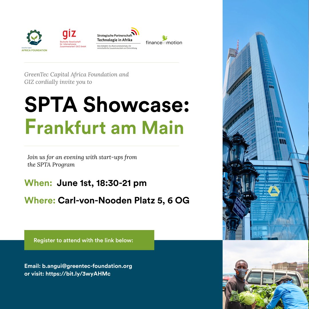 <a href="/GreentecF/">GreenTec Capital Africa Foundation</a> join us for two #startup events in #Frankfurt and #Berlin! Come meet <a href="/farmtofeedkenya/">Farm to Feed</a> and <a href="/growagric/">growagric</a> from <a href="/giz_gmbh/">GIZ</a> Strategic Partnership Technology in Africa Program. Event details and registration links on the attached flyers!