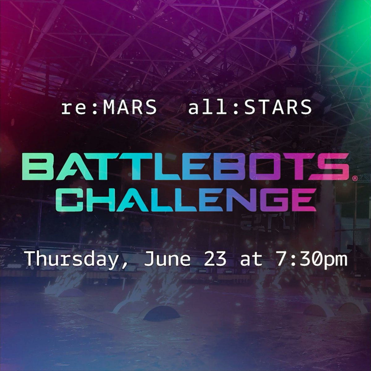 BattleBots's tweet photo. Register for Amazon re:MARS and see BattleBots LIVE, June 23 in Las Vegas. @AmazonreMARS will once again play host to a BattleBots tournament between 8 elite robots—part of the Amazon re:MARS Conference, open to attendees only. REGISTER NOW https://t.co/RAIogkqyuQ! #reMARS #AWS https://t.co/MPFKqZH2UL
