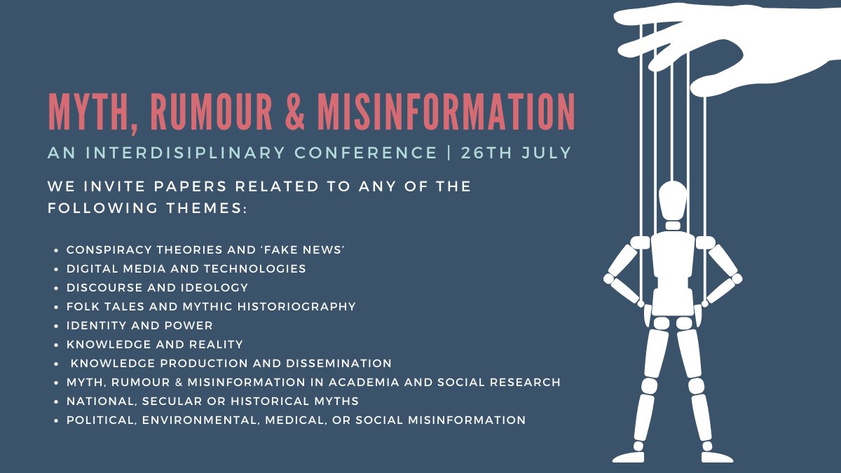 🚨Just 2 weeks left to submit an abstract for Myth, Rumour &amp; Misinformation: our departmental #conference! Any related discipline welcome 📚| 250 word abstract 📜| deadline: 10th June 🗓️| Visit bit.ly/folklore-to-fa… for more info #callforpapers