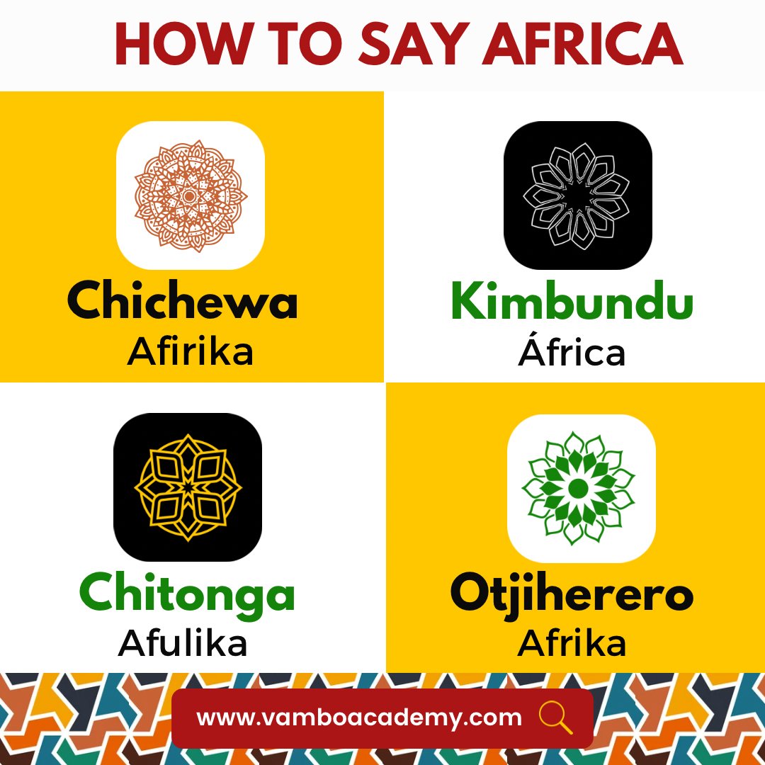 VamboAcademy's tweet photo. May is Africa month and we are celebrating the rich diversity of African languages.
Here is how to say โAfricaโ in some languages spoken in Southern Africa
#vamboacademy #africamonth #southernafrica #chichewa #kimbundu #chitonga #otjiherero #africanlanguages #learnwithus https://t.co/ij7LQboKNx