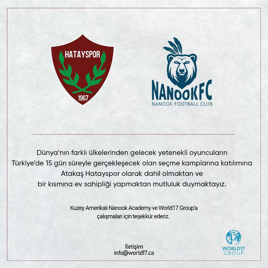 Hatayspor_FK's tweet photo. Dünya’nın farklı ülkelerinden gelecek yetenekli oyuncuların
Türkiye’de 15 gün süreyle gerçekleşecek olan seçme kamplarına katılımına Atakaş Hatayspor olarak dahil olmaktan ve
bir kısmına ev sahipliği yapmaktan mutluluk duymaktayız.
#AtakaşHatayspor #world17group #soccer #nanookfc https://t.co/3I7Lbay13w