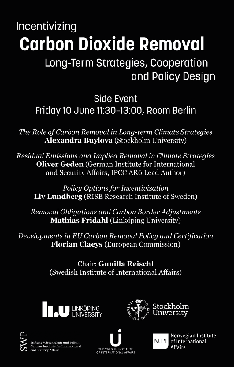 Bonn side event: Incentivizing #CarbonDioxideRemoval. 

Updates from research and the policy frontier w/ @Oliver_Geden @SashaBuylova Liv Lundberg @FlorianClaeys and myself + lots of time for discussions/Q&amp;A.

#UNFCCC #SB56 Friday 10 June 11:30 (Room Berlin). Welcome!