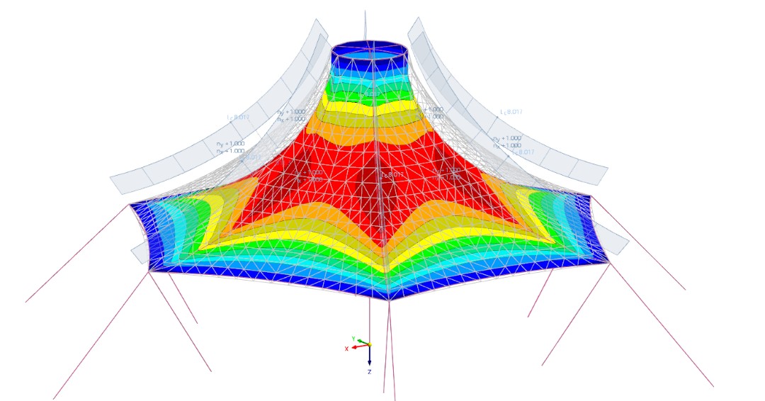 Met Form-Finding Analysis in RFEM kun je (voorgespannen) tent- of membraanconstructies uitrekenen.

Het vorm-vinden proces wordt iteratief uitgevoerd als een speciale niet-lineaire berekening.