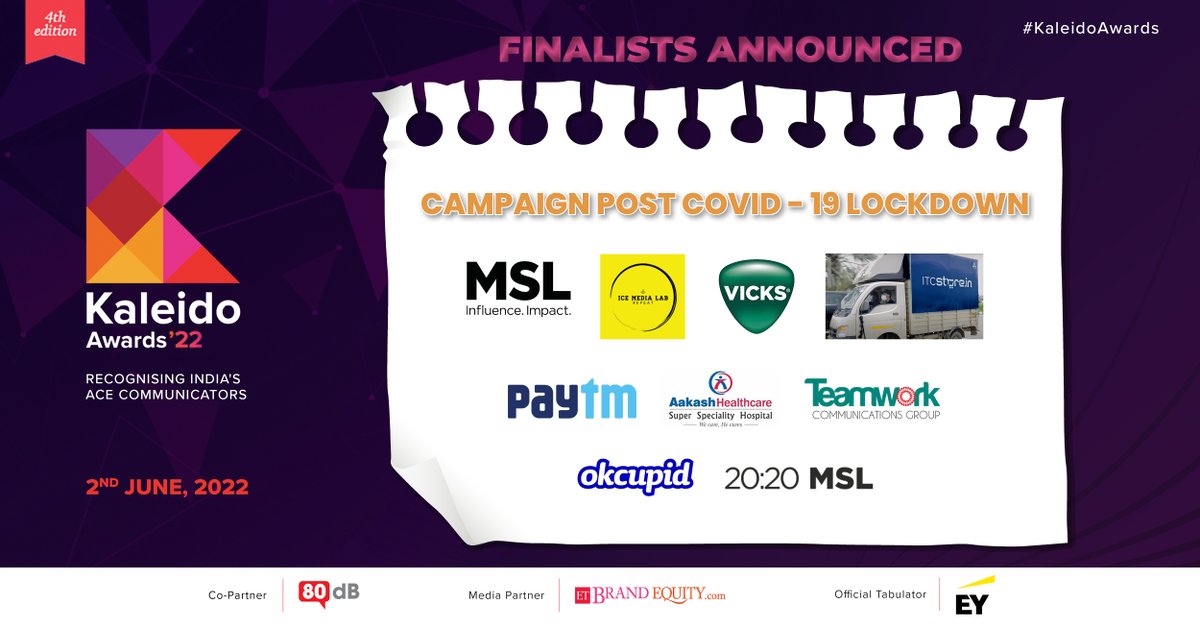 ETBrandEquity's tweet photo. #KaleidoAwards : We saw some brilliant work & the result is our strongest set of Finalists!
Category : Campaign Post Covid- 19 Lockdown
- @itcestore & @IceMediaLab1
- #Vicks & @MSLGROUP_India
- @Paytm
- @AakashHSSH & @TeamworkPR
- #OkCupidIndia & @MSLGROUP_India https://t.co/Qqw3p40bxr