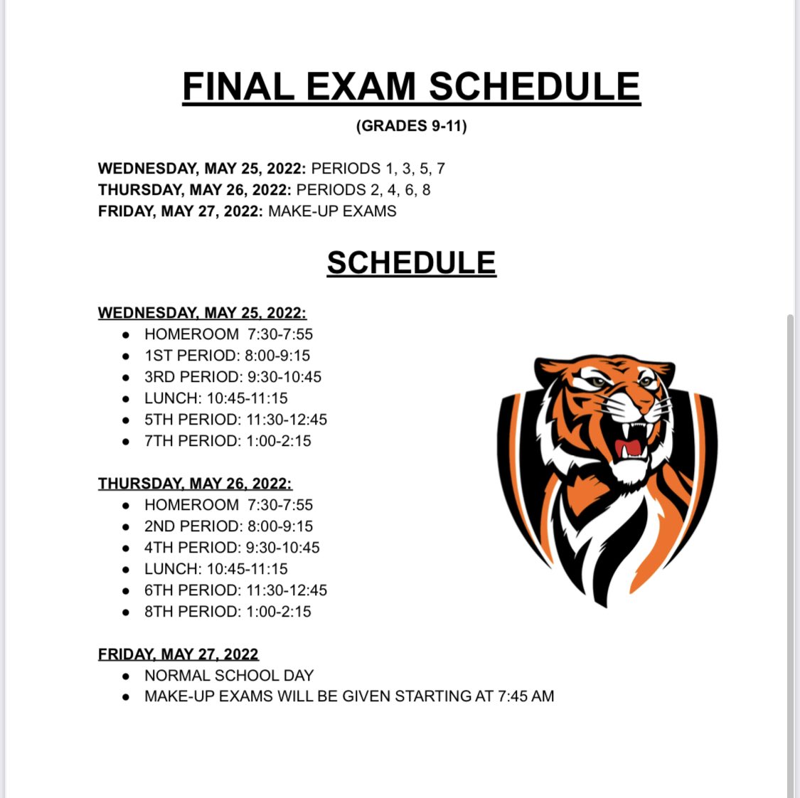 Here is today and tomorrow’s exam schedule. If students are exempt from exams, they do not need to report on Wednesday and Thursday.
