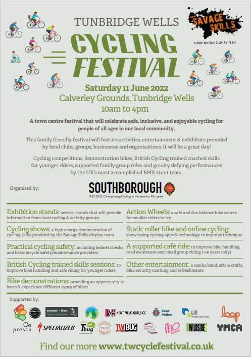 SDWcycleclub's tweet image. @Tun_Wells_FC @FCRusthall @tonbridgeangels @borough_cycling @Loopcyclesocial @wildsidecycles @Velocipedeshop @TWellsCouncil @RTWBUG @kentvelogirls - can you spread the word with a RT? Just 17 days to go!! #TWCF2022 
twcyclefestival.co.uk