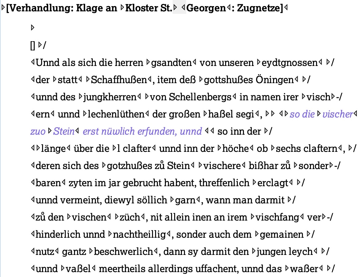 Abschrift ist immer gleich Abschrift? Nicht in der Frühen Neuzeit! Die Kopien von ein- und demselben Text enthielten häufig nicht exakt denselben Wortlaut. So hier (in violett) über eine angeblich neue Erfindung der Fischer von Stein am Rhein kurz vor 1600. (SSRQ SH I/3)