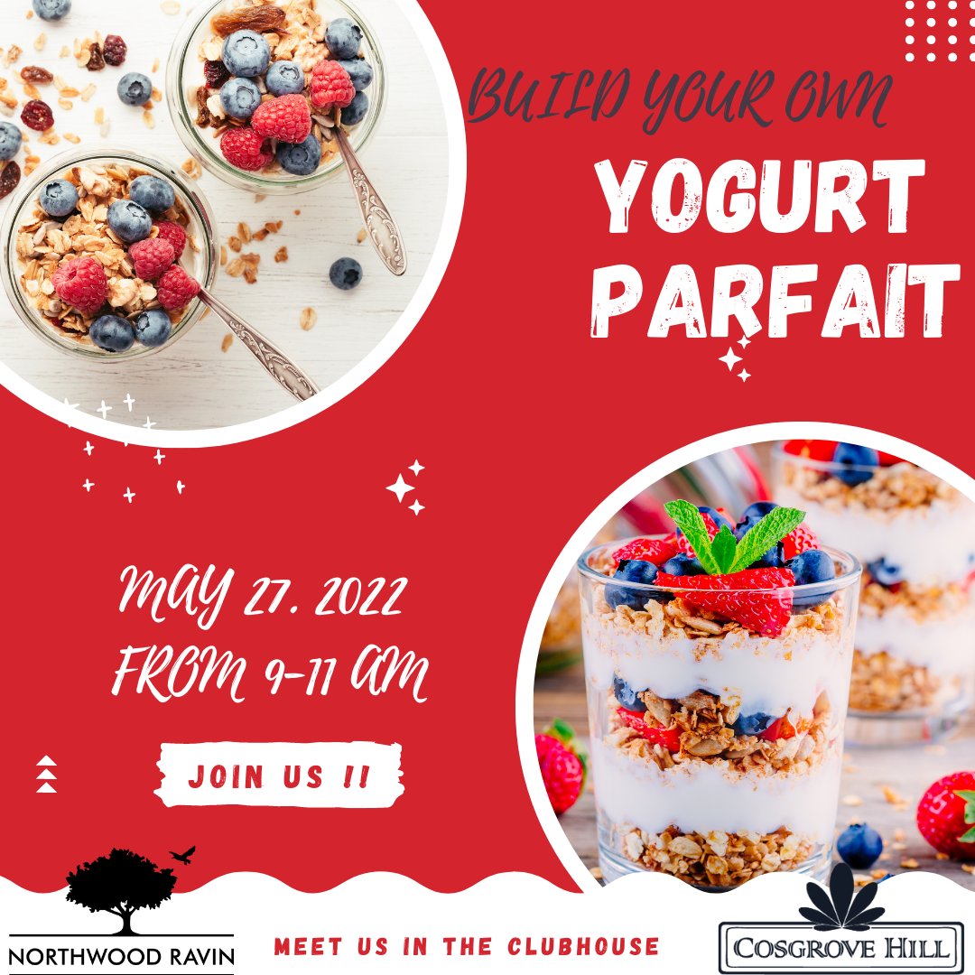 CosgroveHill's tweet photo. Join us this Friday for Building your own Parfait bar here at Cosgrove Hill. We hope to see you there from 9:00 - 11:00 am.
.
.
#ThisIsNWRLiving #CosgroveHill #ChapelHillNC #BreakfastOnTheGo https://t.co/AzvIZNvRA4