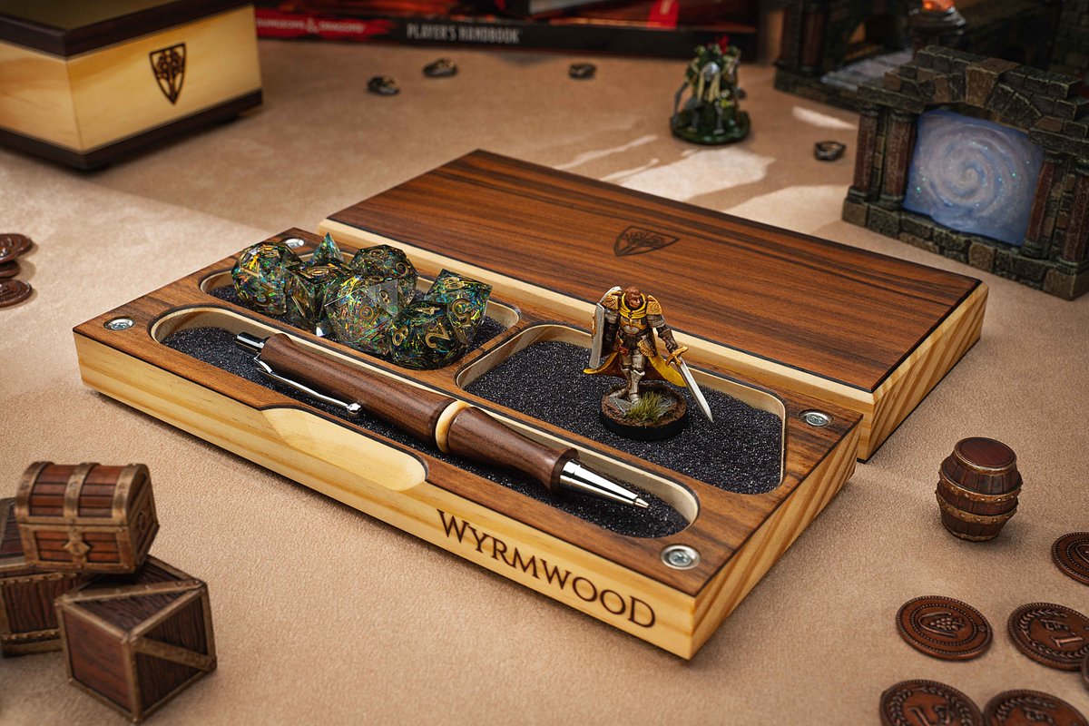 ⭐ BIG Giveaway ⭐ We're giving away our 'Paladin' class-themed set. This includes a Master Vault, Rolling Tray, AND Mechanical Pencil, all crafted from Bolivian Rosewood and Yellow Pine. ⚔ (Rules posted below 👇) #WyrmwoodWednesday #dnd #giveaway #dice