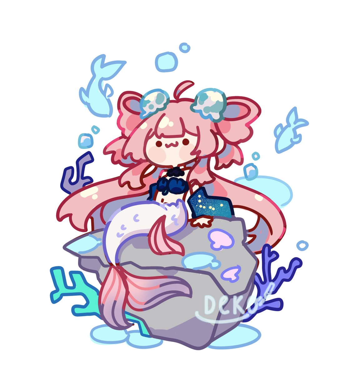 1girl pink hair monster girl chibi :3 mermaid long hair  illustration images