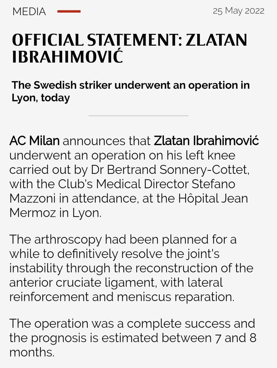 Pernyataan resmi Milan bahwa Zlatan Ibrahimovic menjalani operssi lutut kirinya di Lyon, yang berjalan lancar dan ia akan menepi selama 7-8 bulan. Get well soon, Zlatan!

bit.ly/38MGapi