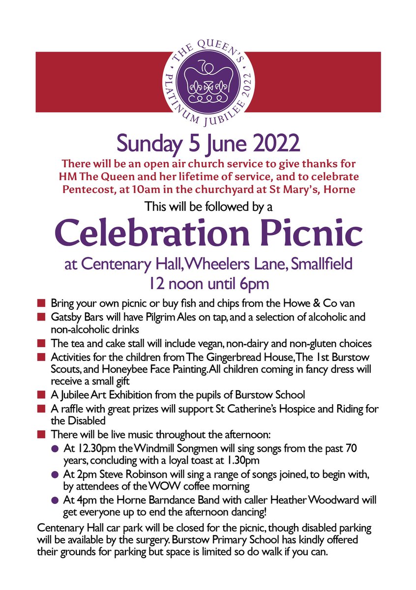 Jubilee weekend is fast approaching and the churches of the Windmill United Benefice, together with the Parish Councils of Burstow and Horne, invite everyone to celebrate in style!