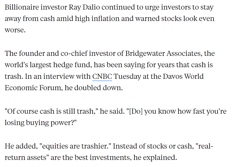 Value_Talk's tweet photo. #RayDalio บอกว่า #CashIsTrash แต่ #EquitiesAreTrashier เงินคือขยะ แต่หุ้นเป็นขยะยิ่งกว่า ช่วง #อัตราดอกเบี้ย ที่แท้จริงติดลบ #NegativeReturn สอดคล้องกับมุมมองของ #michaelburry ที่บอกว่าเศรษฐกิจจะถดถอย ตลาดหุ้นจะตกวินาศสันตะโร #เงินทองต้องรู้ กระเป๋าใครกระเป๋ามันนะครับ #CNBC https://t.co/huGr0oCN4o