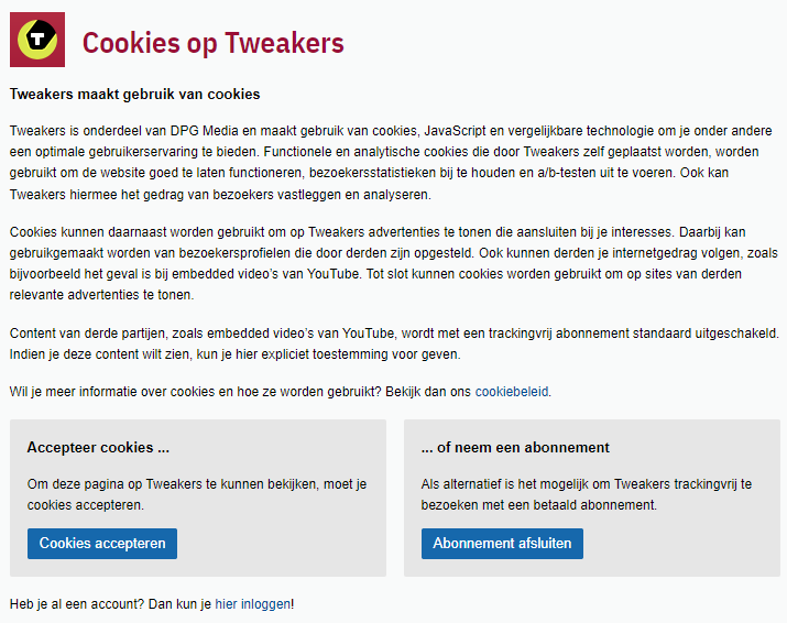 mauzzah's tweet photo. @ACMConsuWijzer Tweakers heeft 2 keuzes in hun cookie-beleid. OF accepteren, OF betalen ... mag zoiets eigenlijk wel? Want ik zie het nergens anders. Alvast bedankt. https://t.co/Vo8tbuzzLq