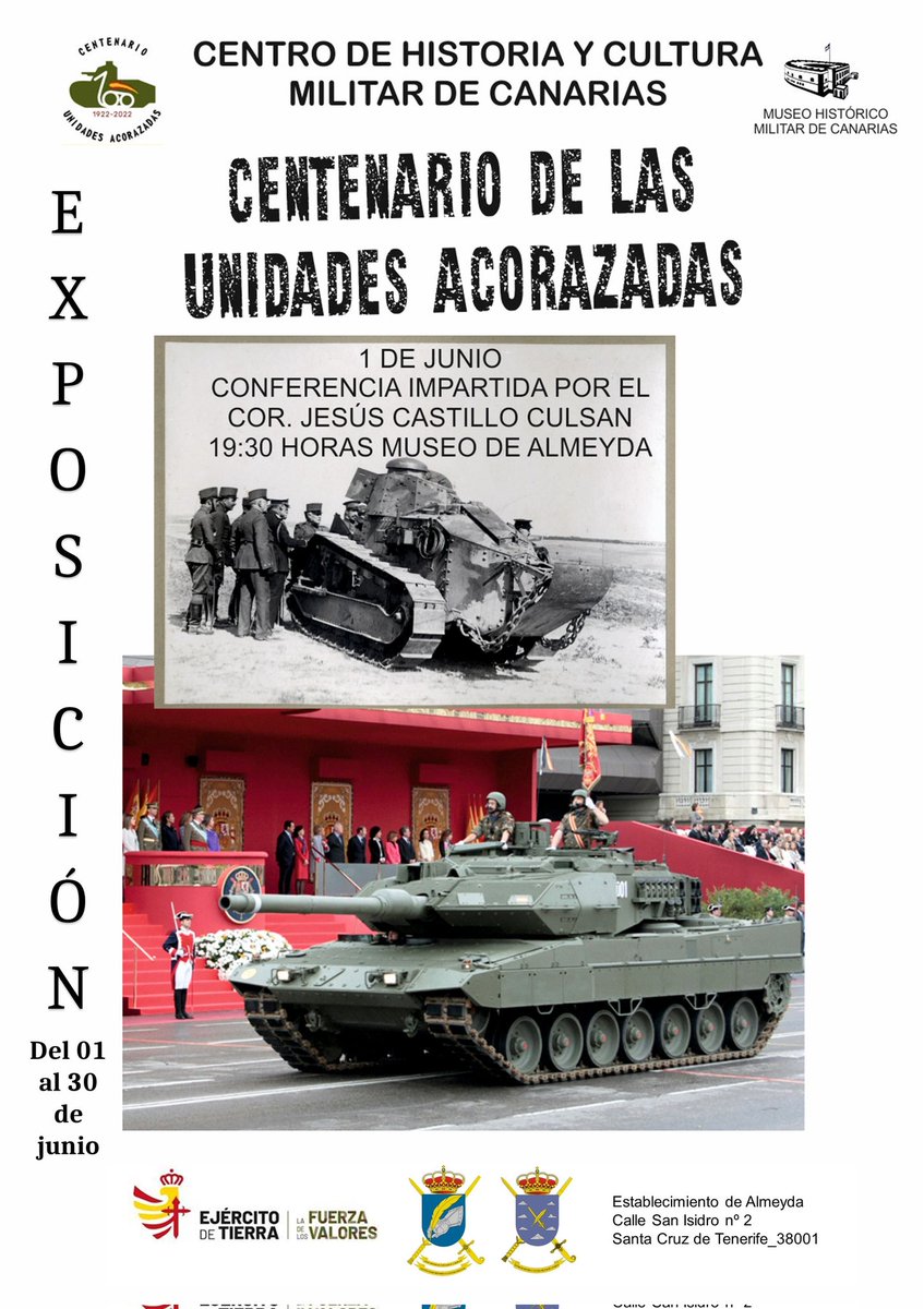 PlataformaMill1's tweet photo. #CONFERENCIA E #INAUGURACION el próximo día 1 de #Junio a las 19:30h en el #CHCM de Canarias de la #Exposicion por el CENTENARIO DE LAS UNIDADES ACORAZADAS, DEL EJÉRCITO ESPAÑOL". La #Exposicion será temporal hasta el 30 de Junio. https://t.co/Asrgf1khmZ