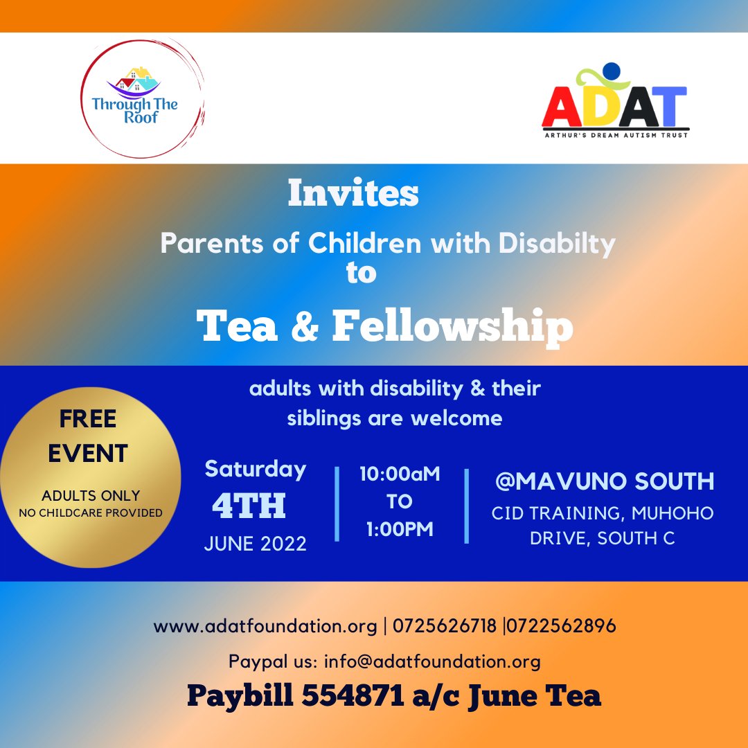 AdatFoundation's tweet photo. We are looking forward to seeing you on June 4th, 2022 at 10:00 am at Mavuno South! Bring a friend. Our fun activity of the month is Vision Boards. Tea and #CakeIsaMust!
#DisabilityAndFaith #CaregiverRespite https://t.co/6PQESqh3mL
