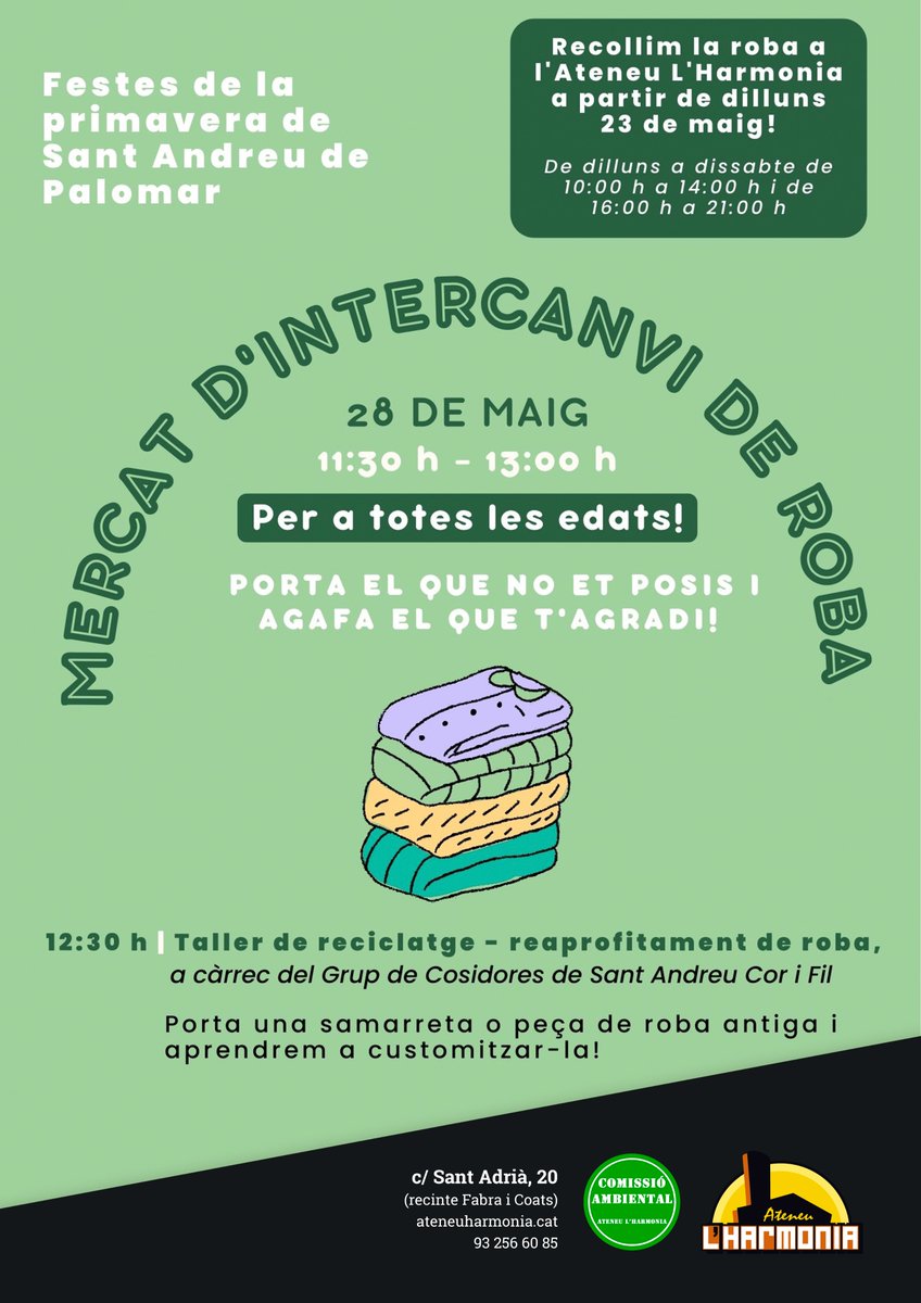 AteneuHarmonia's tweet photo. ♻️ Tens roba que ja no utilitzis? Vols renovar l'armari i promoure hàbits sostenibles? Ja pots passar per l'Ateneu a deixar roba pel Mercat d'Intercanvi de Roba que organitza la Comissió de Responsabilitat Ambiental el 28/5 a les 11.30h en el marc de la #PrimaveraAndreuenca🤟 https://t.co/u04UZo8BVg