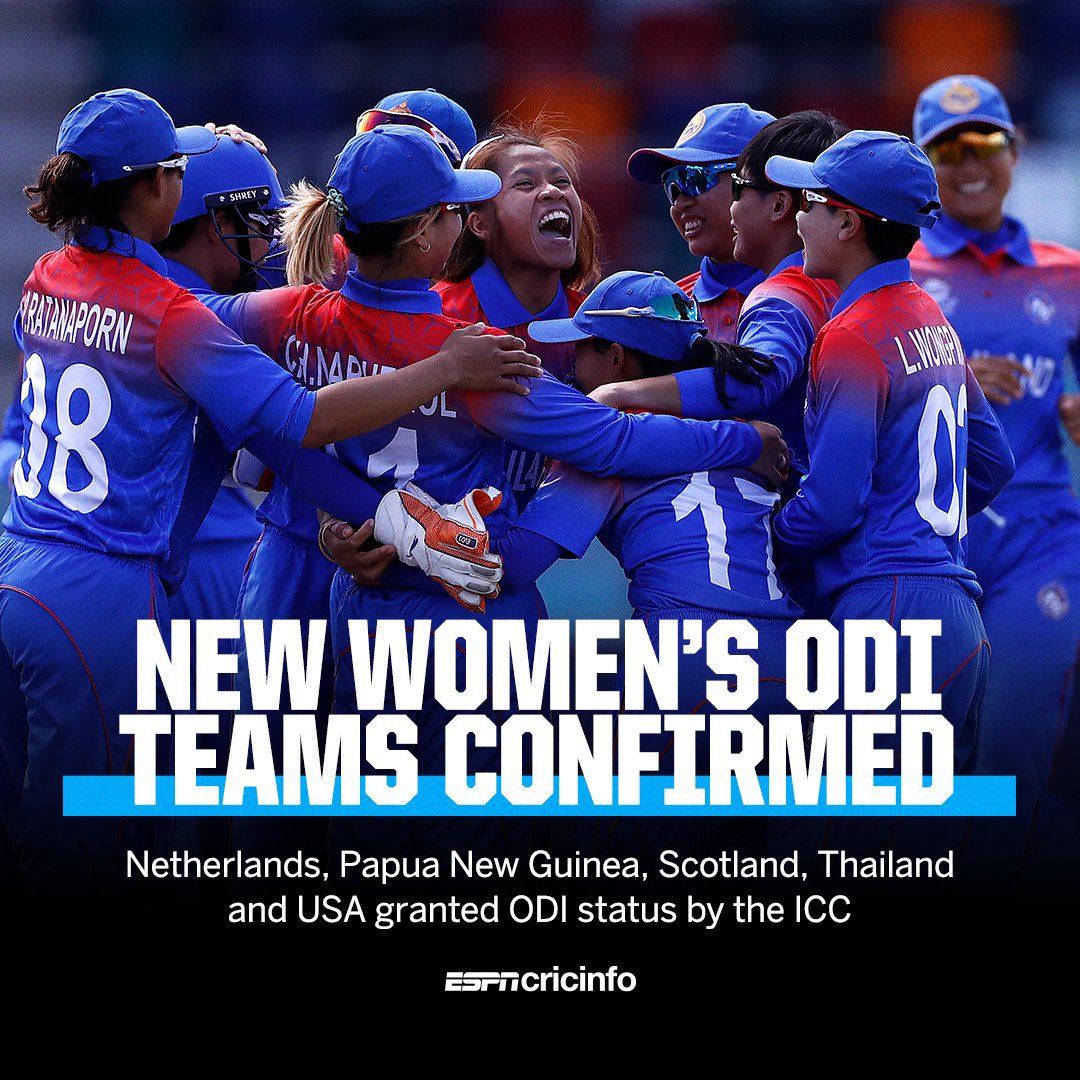 ThailandCricket's tweet photo. As a part of the revamped ICC Cricket World Cup pathway, five Associate women’s teams –
Thailand 🇹🇭
Netherlands 🇳🇱
PNG 🇵🇬
Scotland 🏴
USA 🇺🇸
have been granted ODI status 🙌
#Thailand #womens #odistatus #ICC
@ICCMediaComms @ACCMedia1
Photo: @ESPNcricinfo https://t.co/crArHckH5D