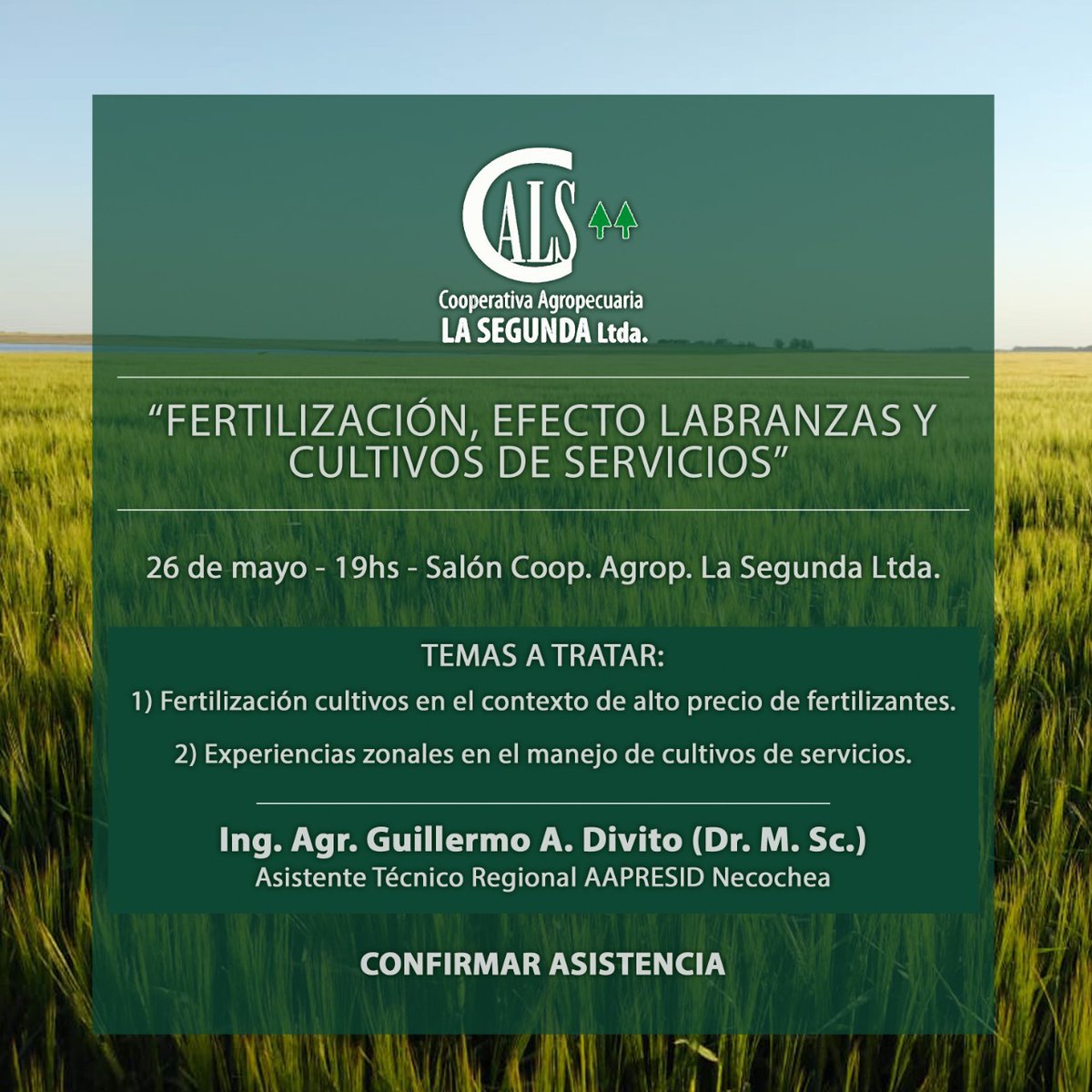 Mañana jueves 26 nos juntamos a discutir:
✔️Estrategias de nutrición en fina
✔️¿Vuelven las labranzas?: consecuencias en el corto y mediano plazo.
✔️Manejo de cultivos de servicio en la zona.
📍La Dulce
<a href="/calasegunda/">Cooperativa Agropecuaria La Segunda Ltda.</a>
