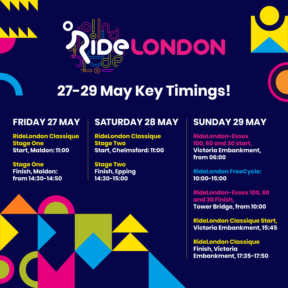 RideLondon's tweet photo. Spectators, cyclists, fans - here are all the key timings you need for Ride Week ⏰

#RideLondon #WeRide https://t.co/7Re53sGC7p
