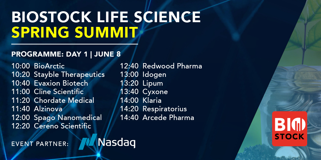 BioStock_SWE's tweet photo. BioStock Life Science Spring Summit 2022 – här är programmet till dag 1 // 8 juni
Läs mer på https://t.co/5IAMamnZbM
#BioStockSummit #lifescience #finanstwitter
#EvaxionBiotech
@Alzinova
#Cyxone
@KlariaPharma https://t.co/t9SYKFD3mH