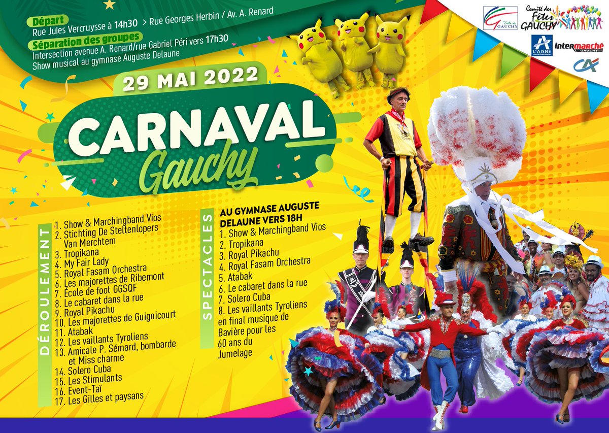 Ce dimanche 29 mai, tenez-vous prêt pour la 53ème édition du #carnaval de #Gauchy La #musique, la #danse et les couleurs seront à l'honneur pour cet événement tant attendu https://t.co/Gk9B4RzOvY
