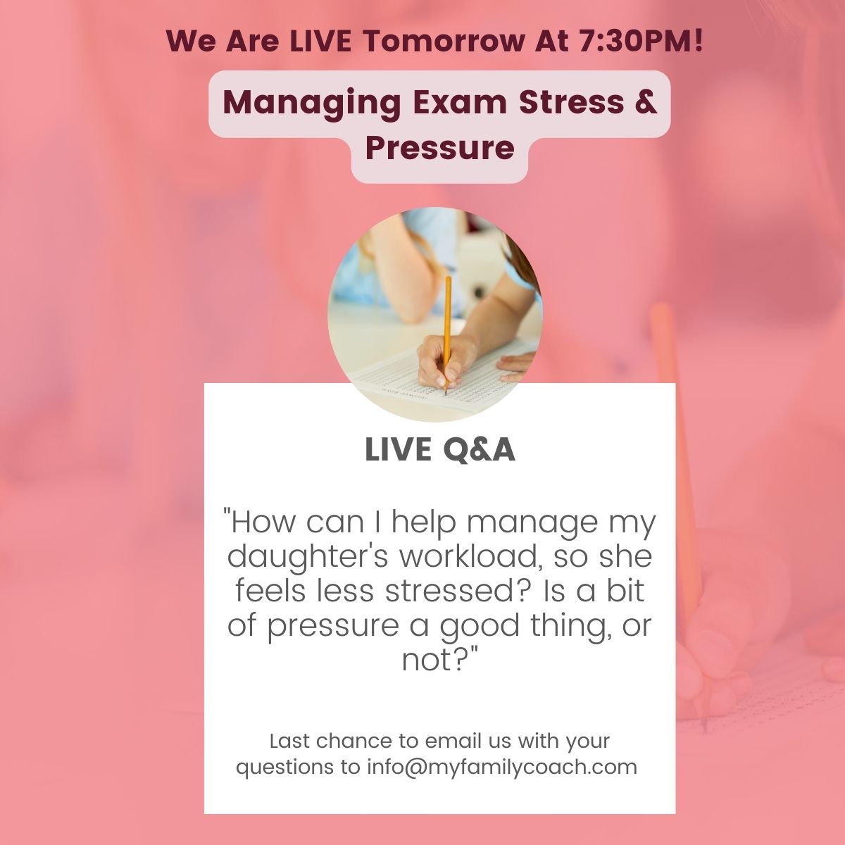 MyFamilyCoachUK's tweet photo. Questions are pouring in for tomorrow's FREE online class on Managing Exam Stress & Pressure.
If you haven't booked your ticket yet, head over to https://t.co/1bKmxgko3K to reserve your spot. It's going to be a great session!
#exampreparation #examstress #parentips #alevels https://t.co/9i7d6f2doG
